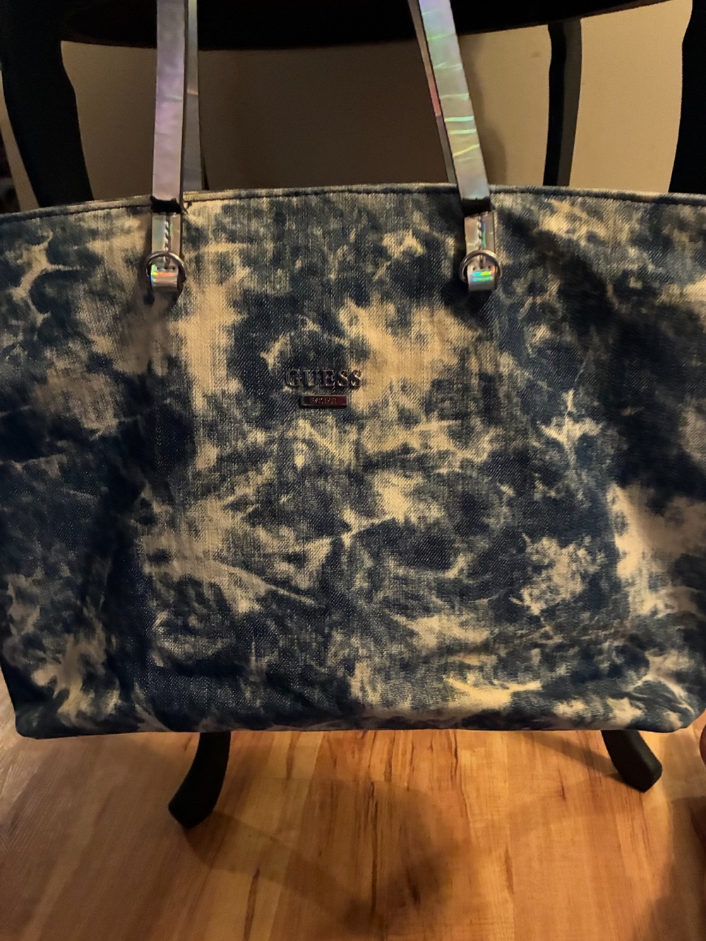 Guess Denim Tie-Dye Tote in Navy & White with Matching Clutch In Great Condition